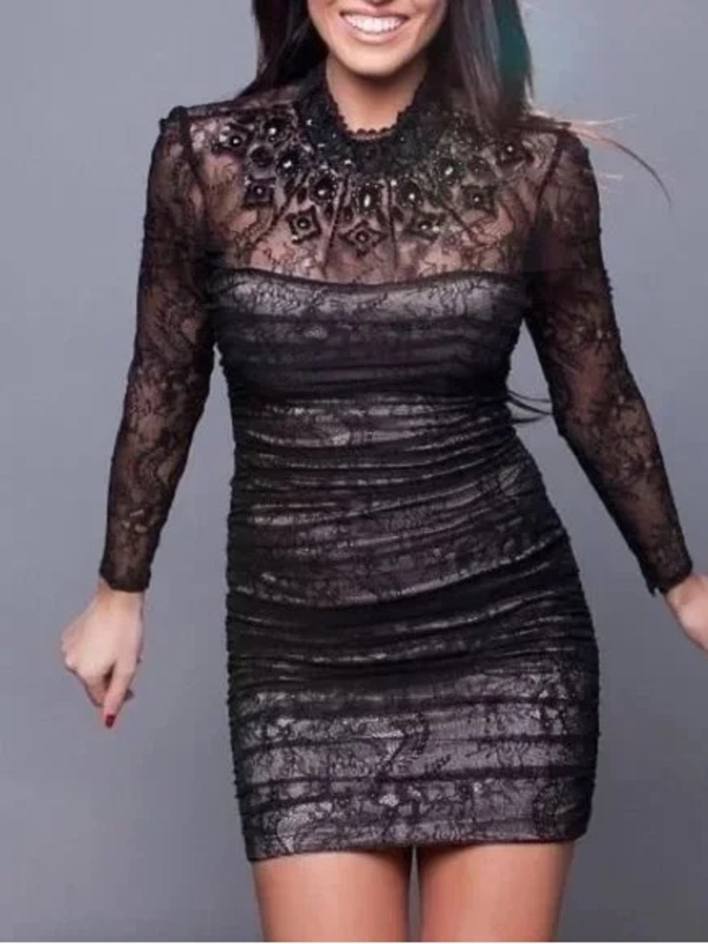 Bebe Simonette Black Lace Beaded Stud Embellished Mock Neck Dress SZ XXS